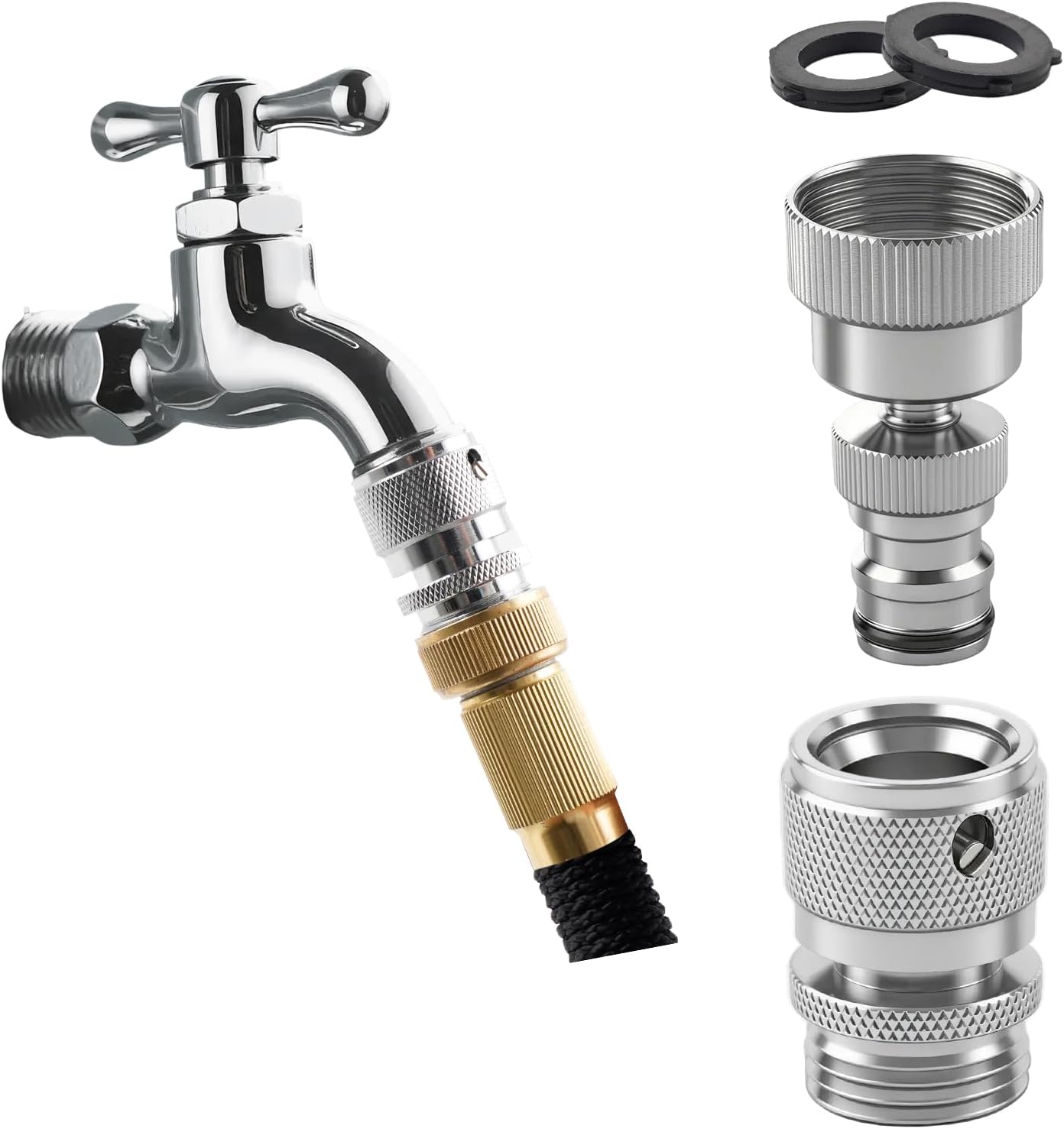 Hibbent Swivel Garden Hose Quick Connector, 360° Rotatable Faucet Hose Quick Connect Fitting, Solid Brass 3/4 Inch GHT Thread, Female and Male Adapter