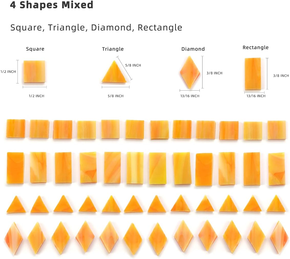 Lanyani 200 Mixed Color Glass Mosaic Tiles - 4 Shapes, Tiffany Stained Glass Pieces for Crafts, Pumpkin Orange