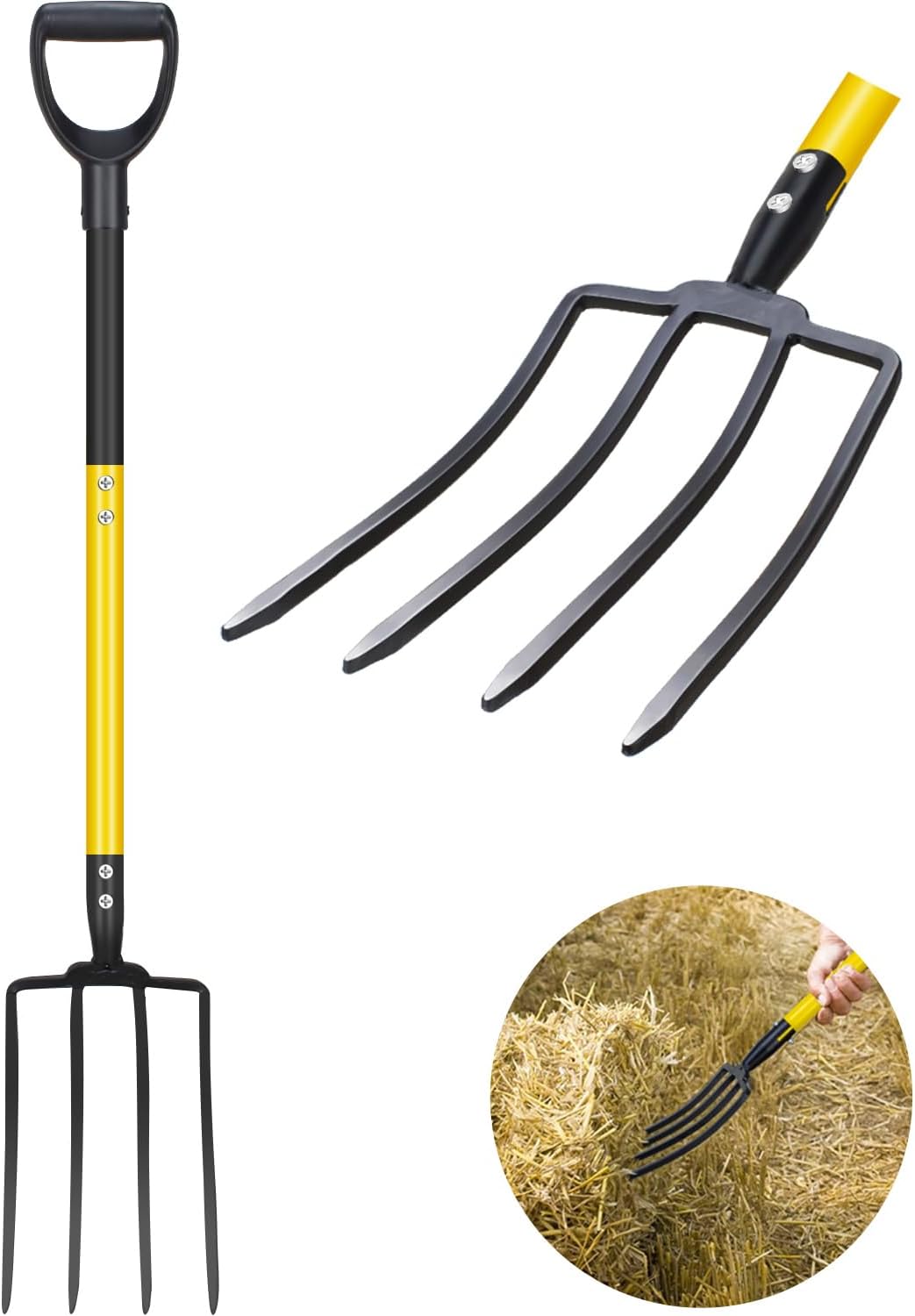 Pitchfork, Steel Tines, Manual Hay Fork, Pitchforks for Gardening Digging Composting Spading,4Tines Garden Fork witn Fiberglass Handle,46Inches (Black)