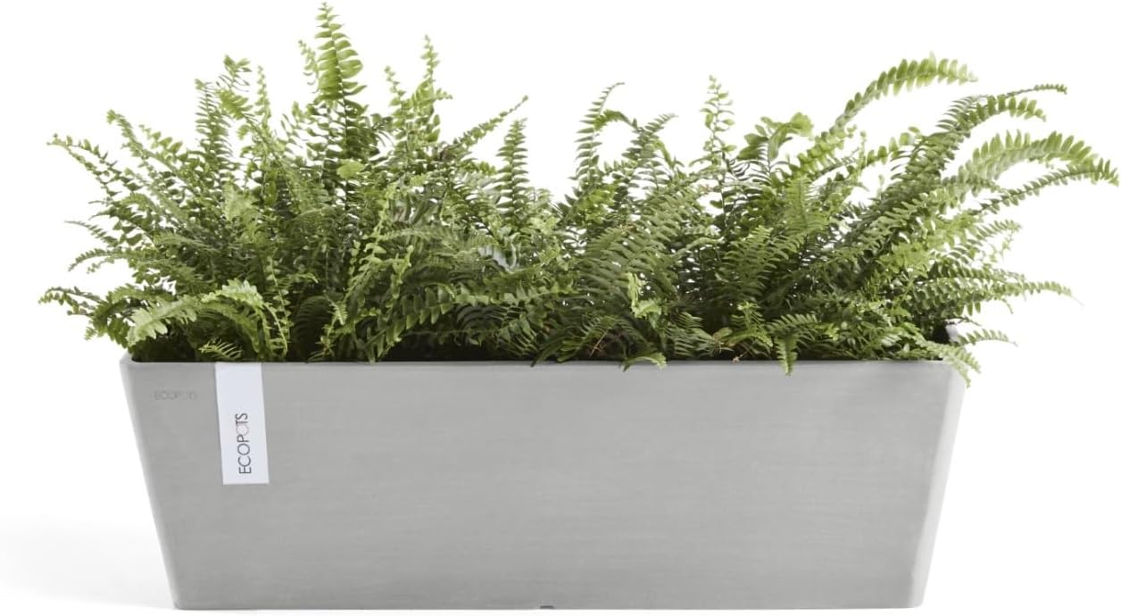 Ecopots Bruges Durable Modern Rectangular Indoor/Outdoor Recycled-Based Composite Flower Pot Planter, White Grey, 17.75"