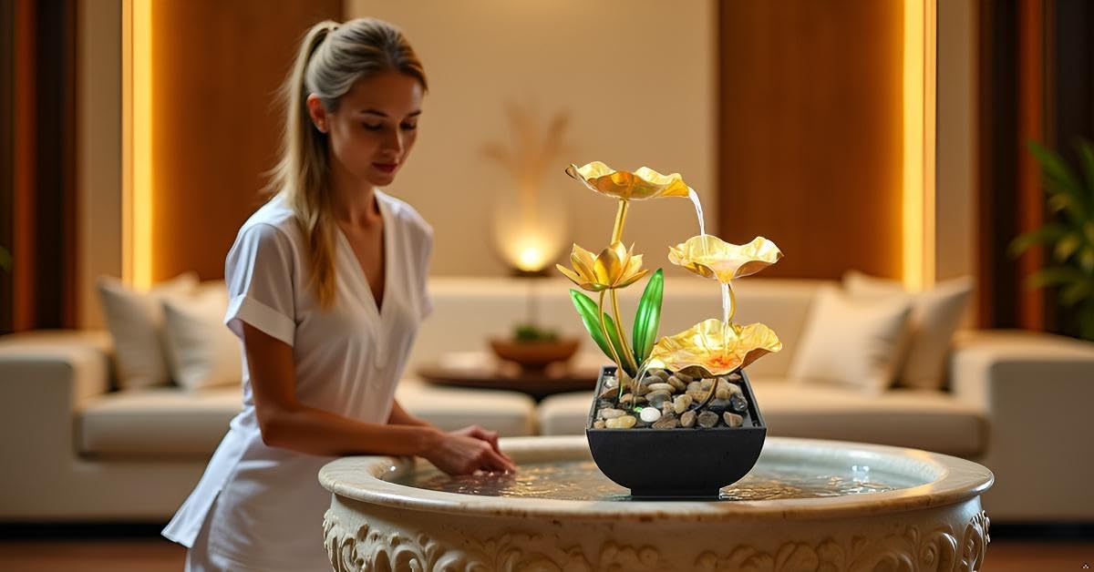 Gold Tabletop Water Fountain, Desktop Waterfall, Indoor Lotus Desktop Decorative Fountain, Home Bathroom Bedroom Decor.