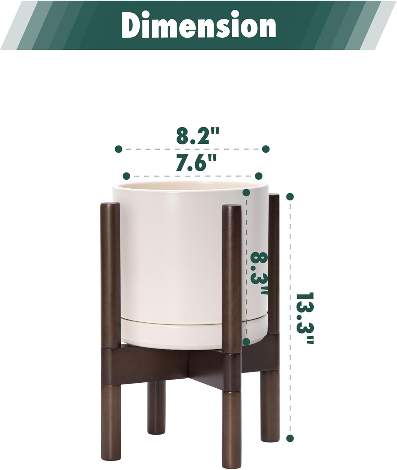 D'vine Dev Ceramic Planter with Walnut Color Stand - 8 Inch Modern Round Flower Pot with Wood Planter Holder, Oatmeal, 55-B-Y-8