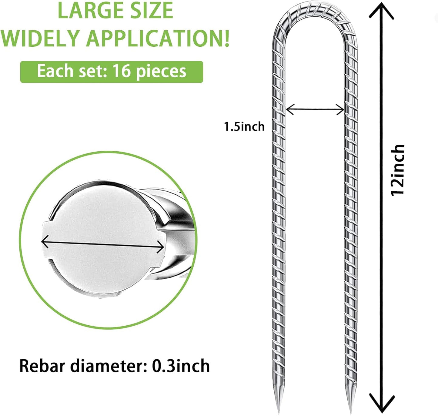 Ground-Stakes-Heavy-Duty-12-Inch, J Hook Rebar Stakes Galvanized Anti-Rust 16pcs Metal Stakes for Ground Heavy Duty Ground Anchors for Garden Dog Fence Chicken Coop Deer Fence