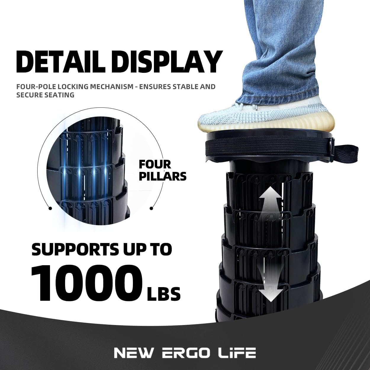 Portable Collapsible Stool - 4 Pillars Large Weight Capacity Travel-Friendly Folding Stool, Easy to Use Lightweight Telescoping Seat for Outdoor Activities, Camping & Hiking (Black)