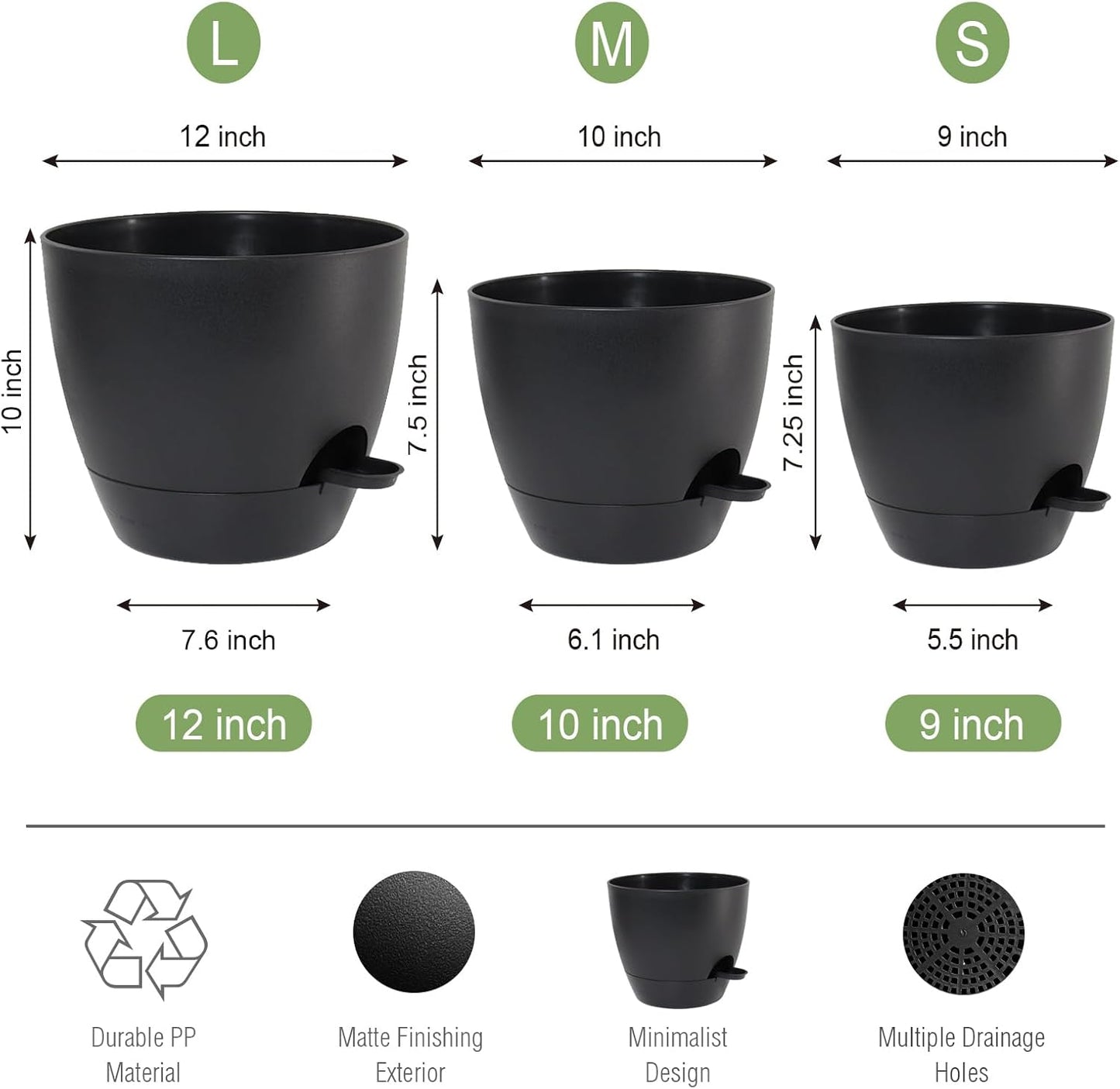 Large Self Watering Pots, 12/10/9 Plastic Planters with High Drainage Holes and Deep Reservoir for Indoor Outdoor Garden Plants and Flowers, Black