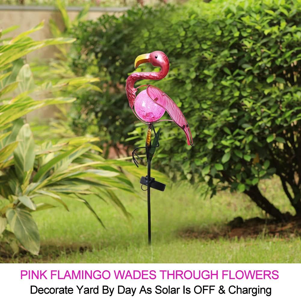 Bright Zeal 14" Big Metal Outdoor Solar Lights Waterproof Flamingo Garden LED Stake Light - Solar Pink Flamingos Yard Ornaments - Stake Lights Yard Decor Metal Yard Art
