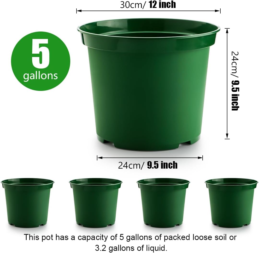 5 Gallon 12 Inch Plastic Nursery Pots, Plant Containers with Drainage Holes, Round Sturdy Garden Planters for Indoor/Outdoor Greenery, Gardening Gifts for Women (5-Pack, Green)