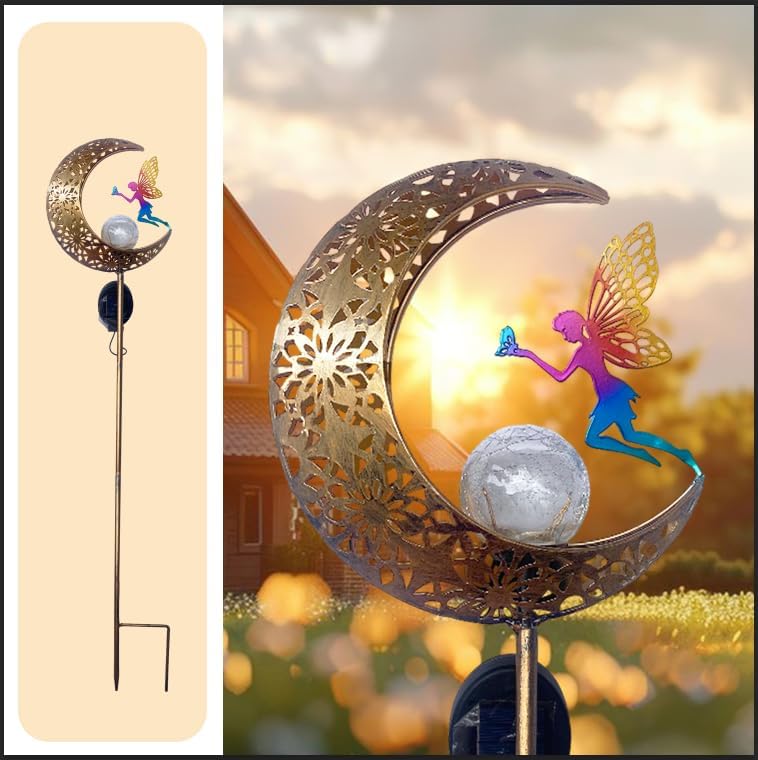 Solar Garden Lights Outdoor Decor, Moon Fairy Crackle Glass Lights, Waterproof LED Landscape Lighting Metal Stake Ornament, for Walkway Yard, Patio, Lawn Pathway Decorations