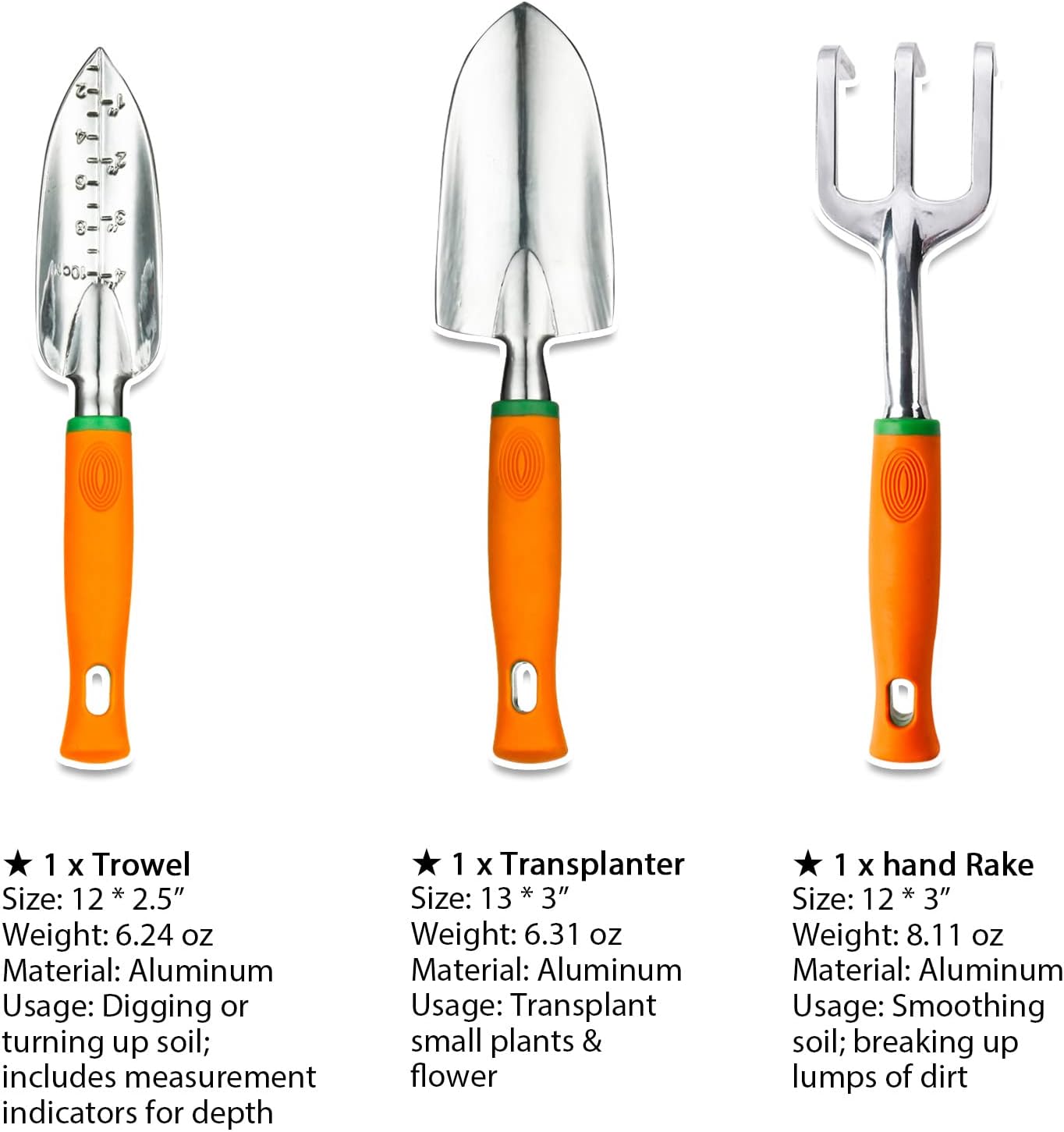Ukoke Garden Tool Set, 3 Piece Aluminum Hand Tool Kit, Outdoor Tool, Heavy Duty Gardening Work Set with Ergonomic Handle, Gardening Tools for Women Men