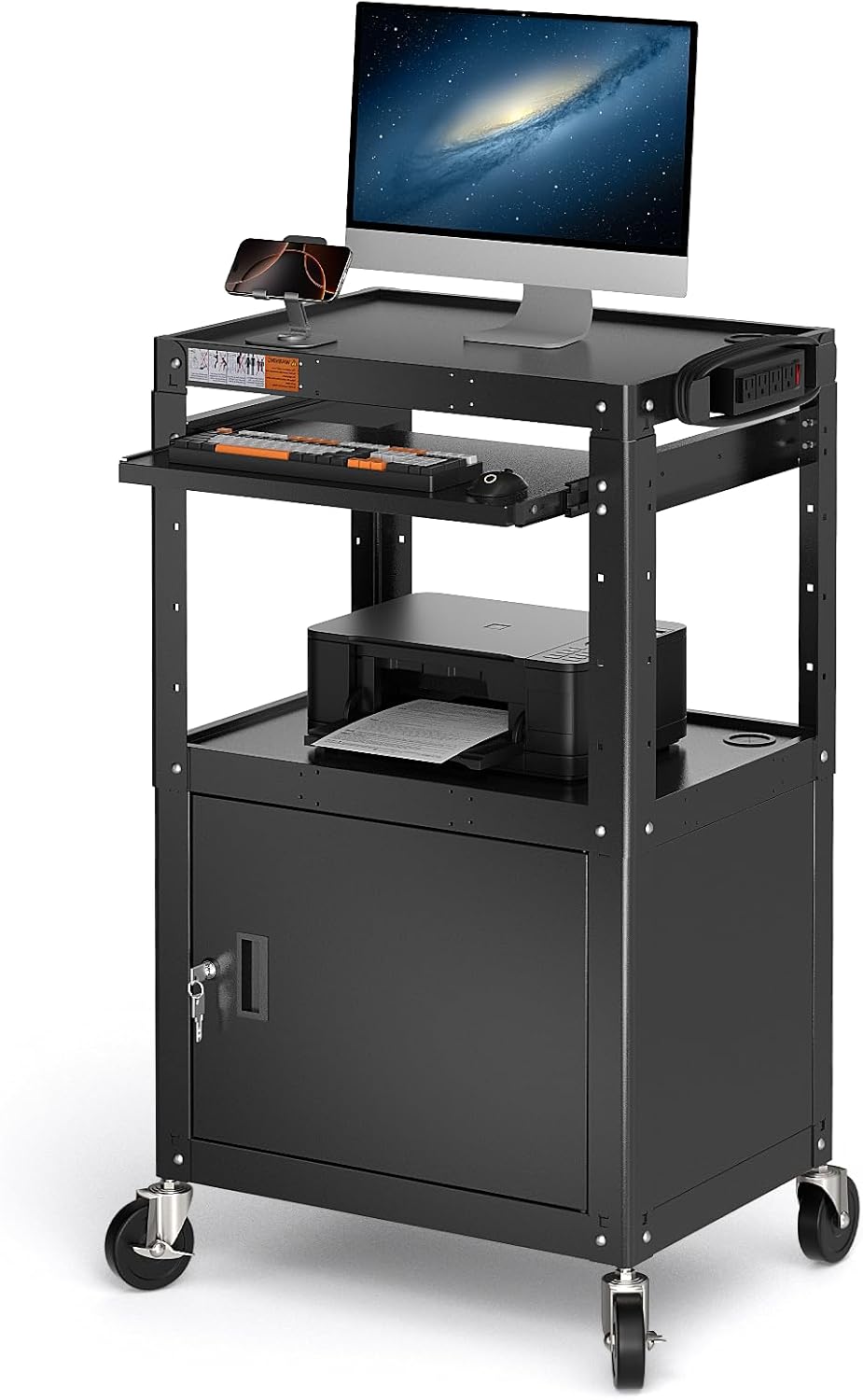 Steel Large AV Cart with Locking Cabinet - Adjustable Height Media Carts with Wheels, Pullout Tray, Power Strip for Mobile Work Station - Rolling Computer Cart for Office Classroom Presentation