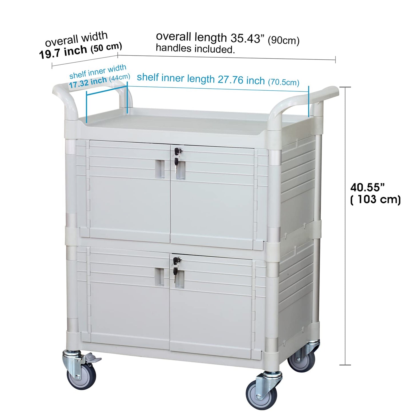[JaboEquip] Commercial Double Lockable Medical Cart 3 Shelf Hospital Cart L34.43xD19.69xH40.55 inch Off-White (Light Grey) Color