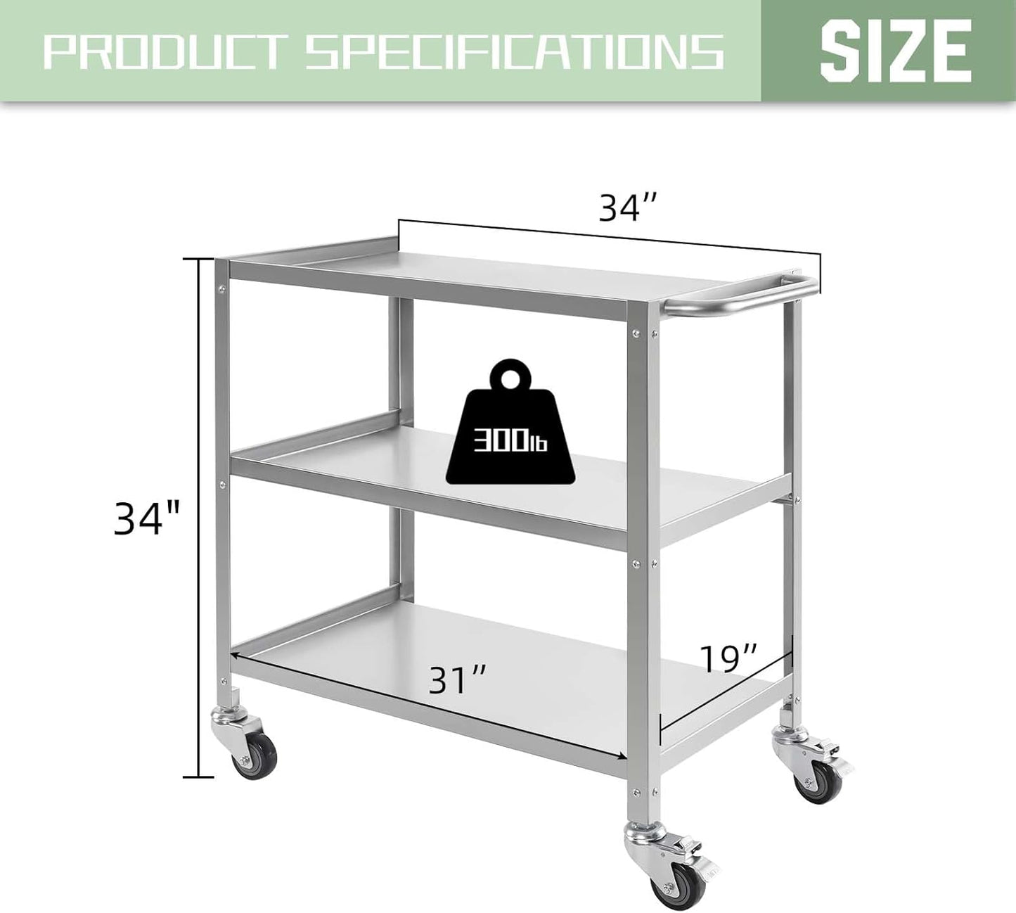 Hally Stainless Steel Utility Cart 3 Tier NSF Commercial Heavy Duty Metal Mobile Food Rolling Cart with Handle and Wheels for Kitchen, Restaurant, Hospital, Laboratory and Home, 31" L x 19" W x 34" H