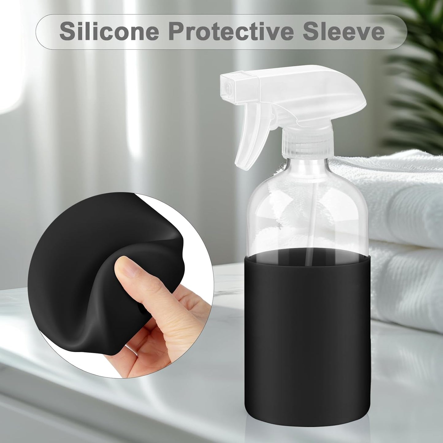 2 Pack Glass Spray Bottles with Long Silicone Sleeve, 16 oz Empty Refillable Containers with Adjustable Spray Nozzles, Spray Bottles for Hair, Cleaning Solutions and Plants 2 Pack Black