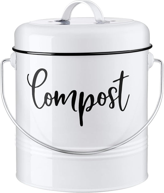 Compost Bin Kitchen, 1.3 Gallon Farmhouse Kitchen Compost Bin Countertop, Indoor Countertop Compost Bucket with Lid and Charcoal Filters, White
