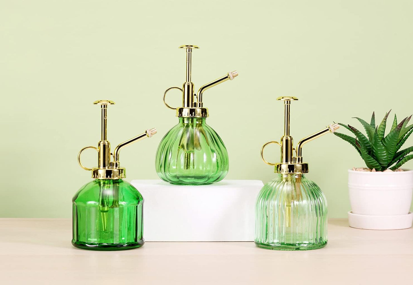 Glass Plant Mister Spray Bottle, 6.5" Green Glass Water Spray Bottle with Gold Top Pump Small Watering Can, Small Plant Sprayer Mister for Indoor Outdoor House Plant, Green+Gold (Green+Gold B)