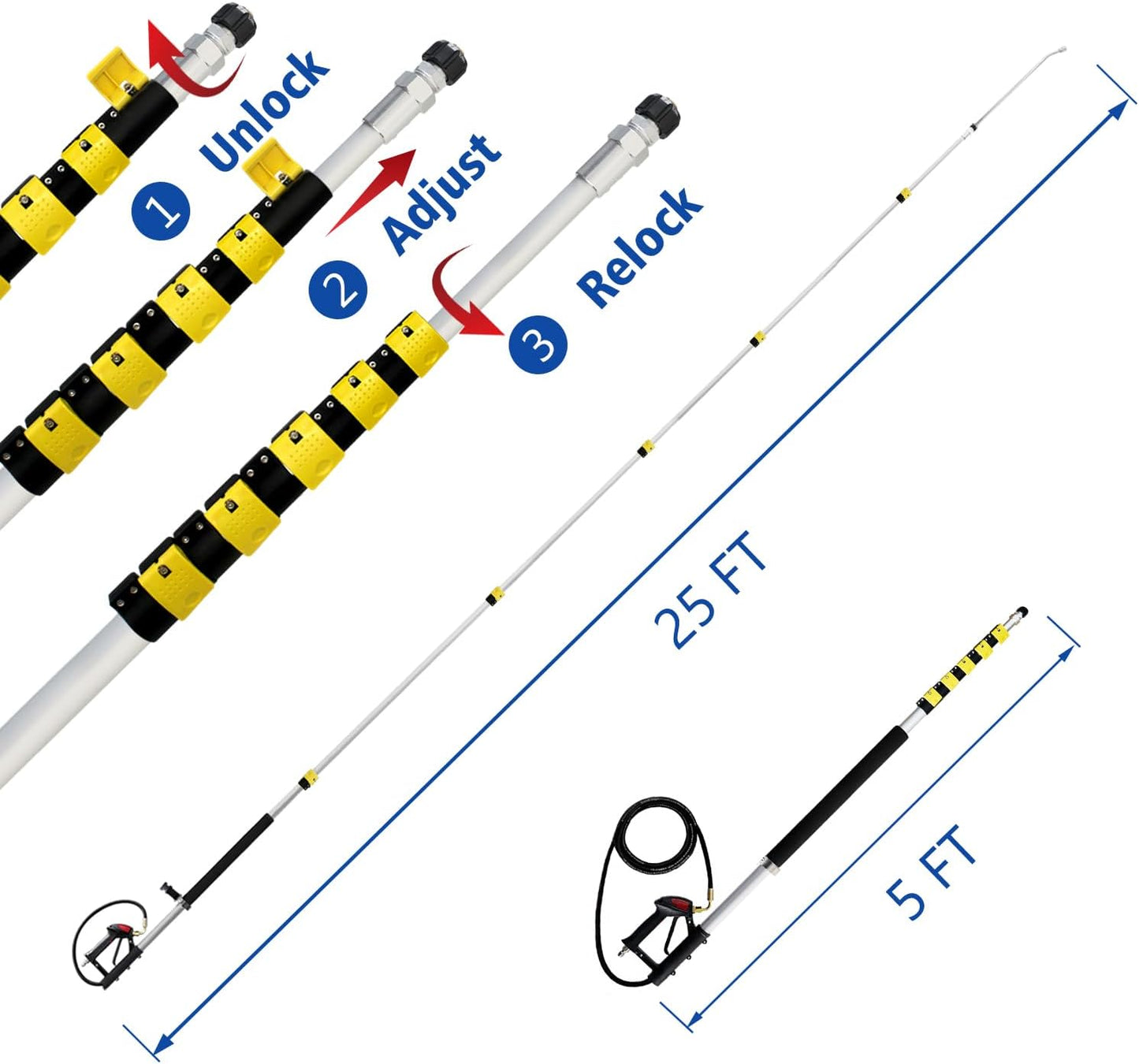 RAYNEL 25FT Telescoping Pressure Washer Extension Wand with Brush Head,2 Power Washer Extension Wands, Gutter Cleaner Attachment,7 Spray Nozzle Tips,Support Belt and 2 Hose Adapters