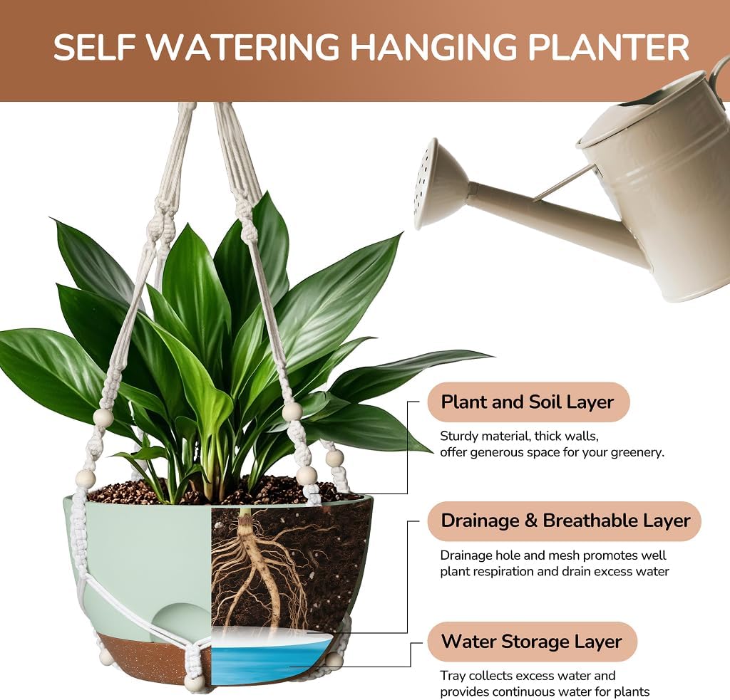 12 Inch Hanging Baskets for Plants Outdoor, Hanging Planters for Indoor Outdoor Plants, Hanging Planter with Self Watering, Hanging Flower Pots (Green Planter with Macrame + Iron Hangers)