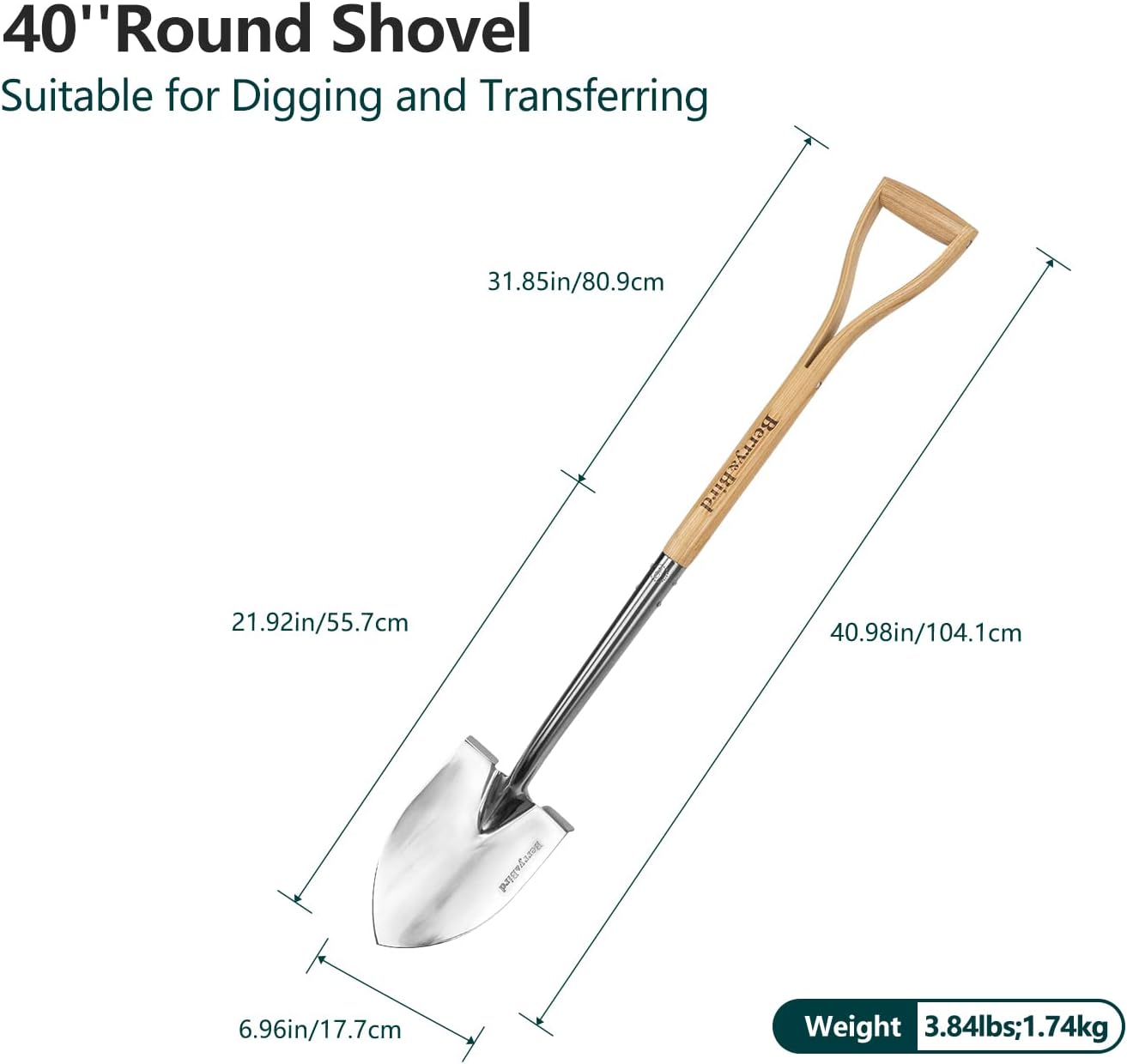 Berry&Bird Round Point Gardening Shovel with Wood D-Handle, 40.98" Stainless Steel Beach & Snow Shovel