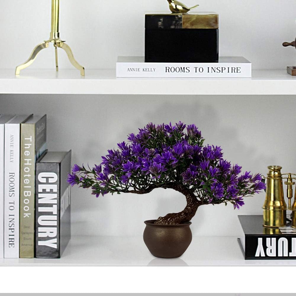 Fake Plants Plastic Artificial Bonsai Tree, Purple Room Decor Bonsai Tree for Home Bedroom Farmhouse Office Desk Decor, Tall 9.5"