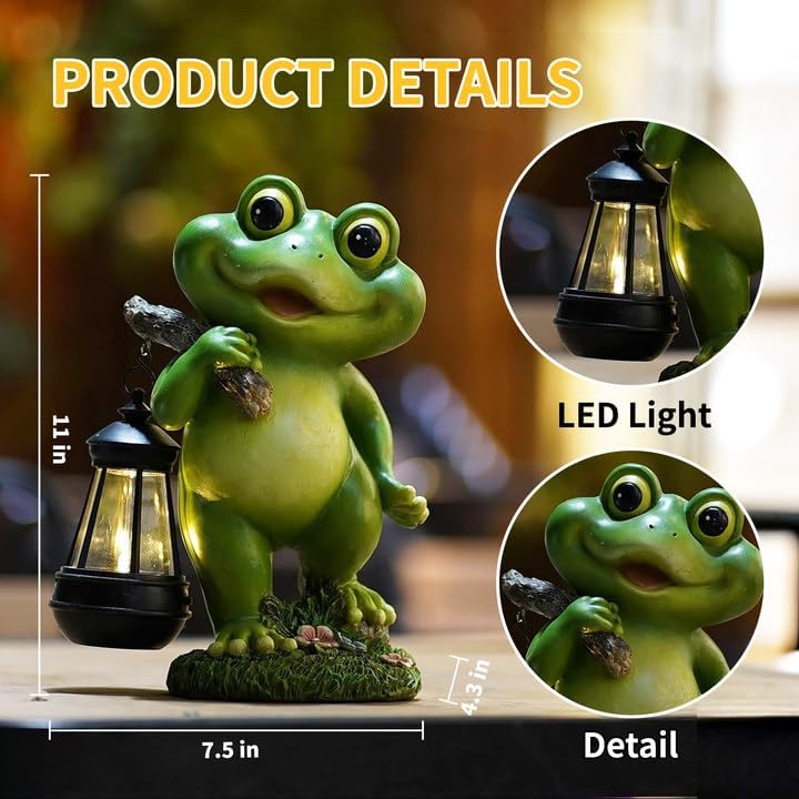 Outdoor Frog Garden Decor: 11'' Yard Decoration with LED Lantern Funny Solar Frog Statue Gifts for Women Mother's Day Housewarming Gift
