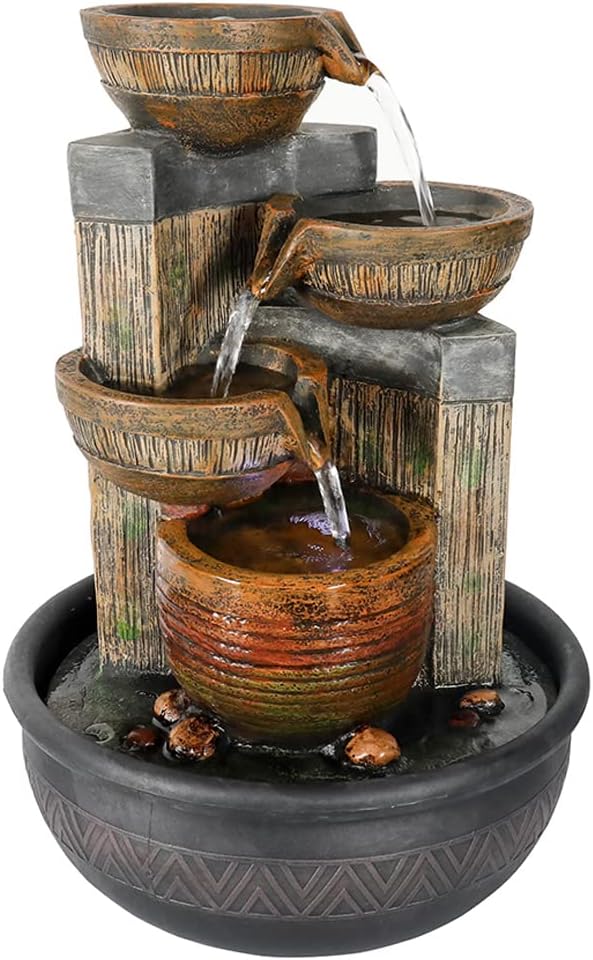 15.7''H 4-Tier Relaxation Indoor Tabletop Waterfall Fountain with LED Lights Desktop Fountains Calming Sound for Home Office Bedroom Decor (Brown, 15.7inch)