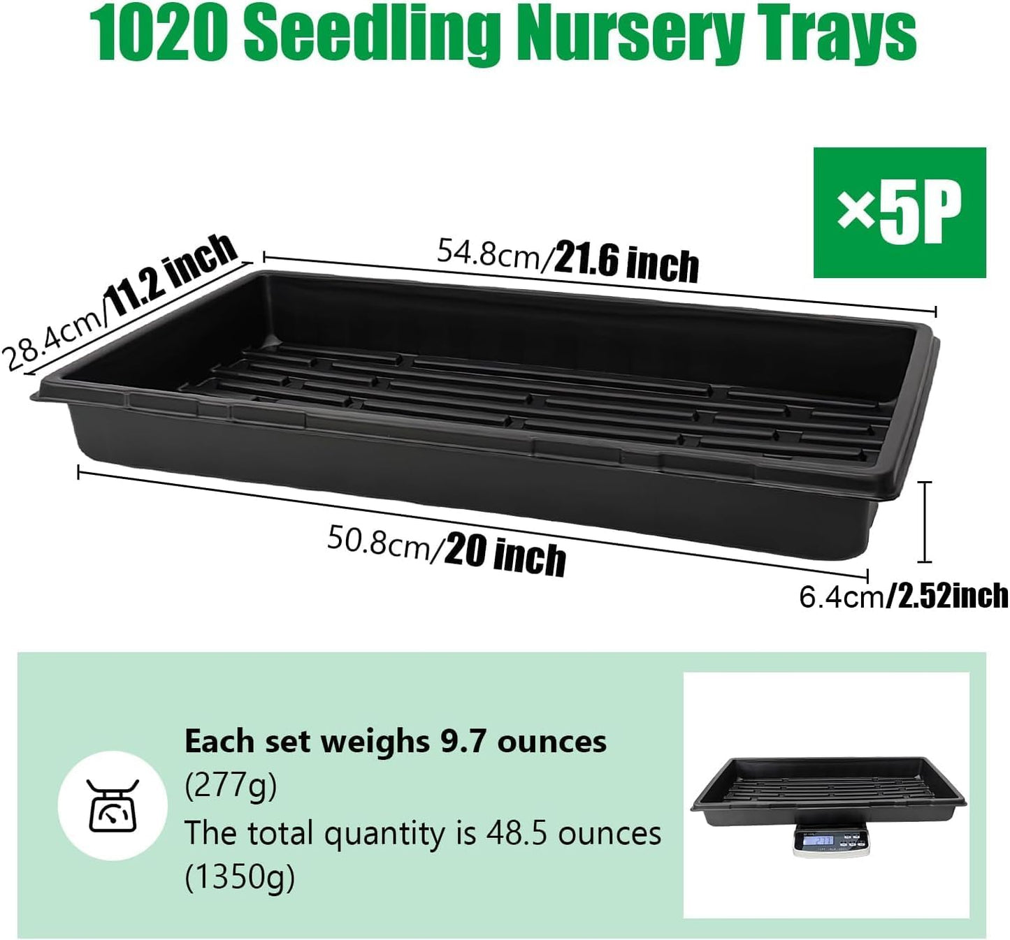 Plant Growing Nursery, Standard 1020 Trays Plastic Sturdy Farmer Self Seedling Tray for Microgreens Indoor Nursery Pots Transplantation (5-Pack, 21.6"×11.2", 2.52" Deep, no Holes)