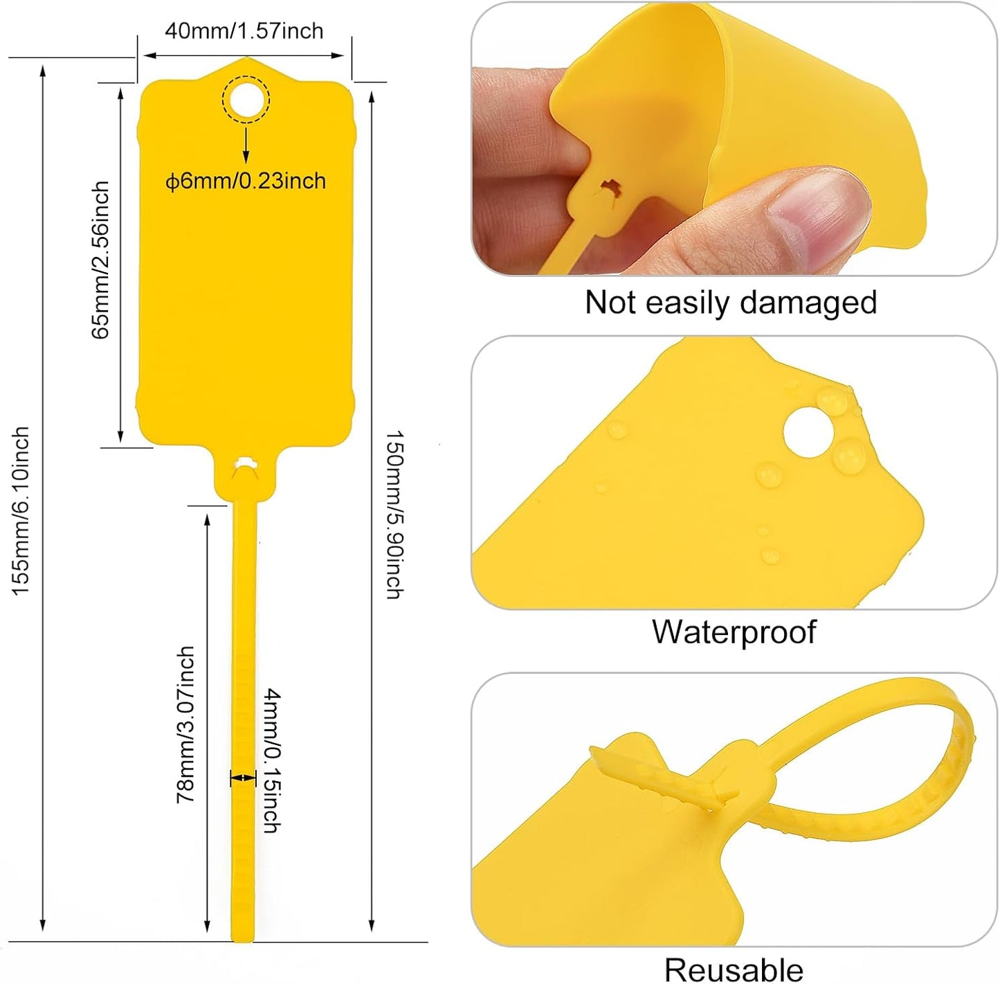 100pcs Blank Plastic Tags for Labeling Reusable Hanging Tags Ties Key Tag Storage Labels Waterproof Plastic Mark Label Writable Hang Sign with One Marker Pen (Yellow)