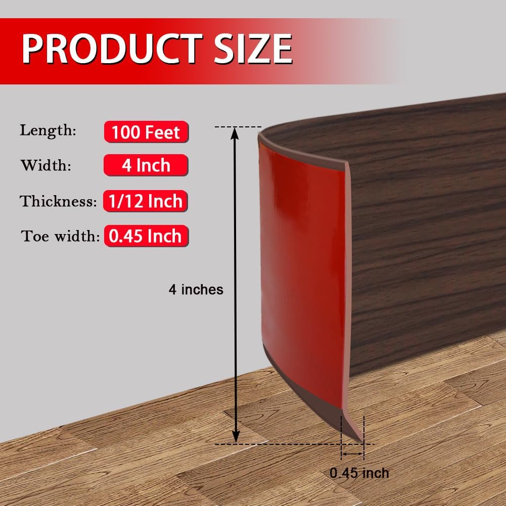 Vinyl Wall Base Baseboard Molding Trim 4" Flexible Self Adhesive Rubber Wall Base Moulding Trim Peel and Stick Design, 4 Inch x 100 Feet, Brown Wood