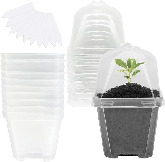 EBaokuup 4" Clear Plant Nursery Pots with Humidity Dome, 10PCS Plastic Gardening Pot Plant Container, Seed Starting Pot with Drain Holes for Seedlings/Vegetables/Succulents/Cuttings