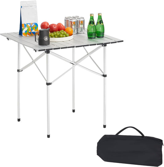 VEVOR Folding Camping Table, Portable Roll Up Side Tables, Lightweight Aluminum Beach Table with Adjustable Height, for Outdoor BBQ Tailgating Picnic, Travel (28 inch-Silver)