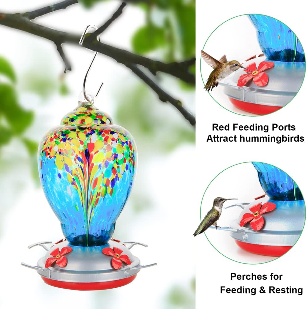 WOSIBO Hummingbird Feeder for Outdoors Patio Large 32 Ounces Colorful Hand Blown Glass Hummingbird Feeder with Ant Moat Hanging Hook, Rope, Brush and Service Card (Blue-White)