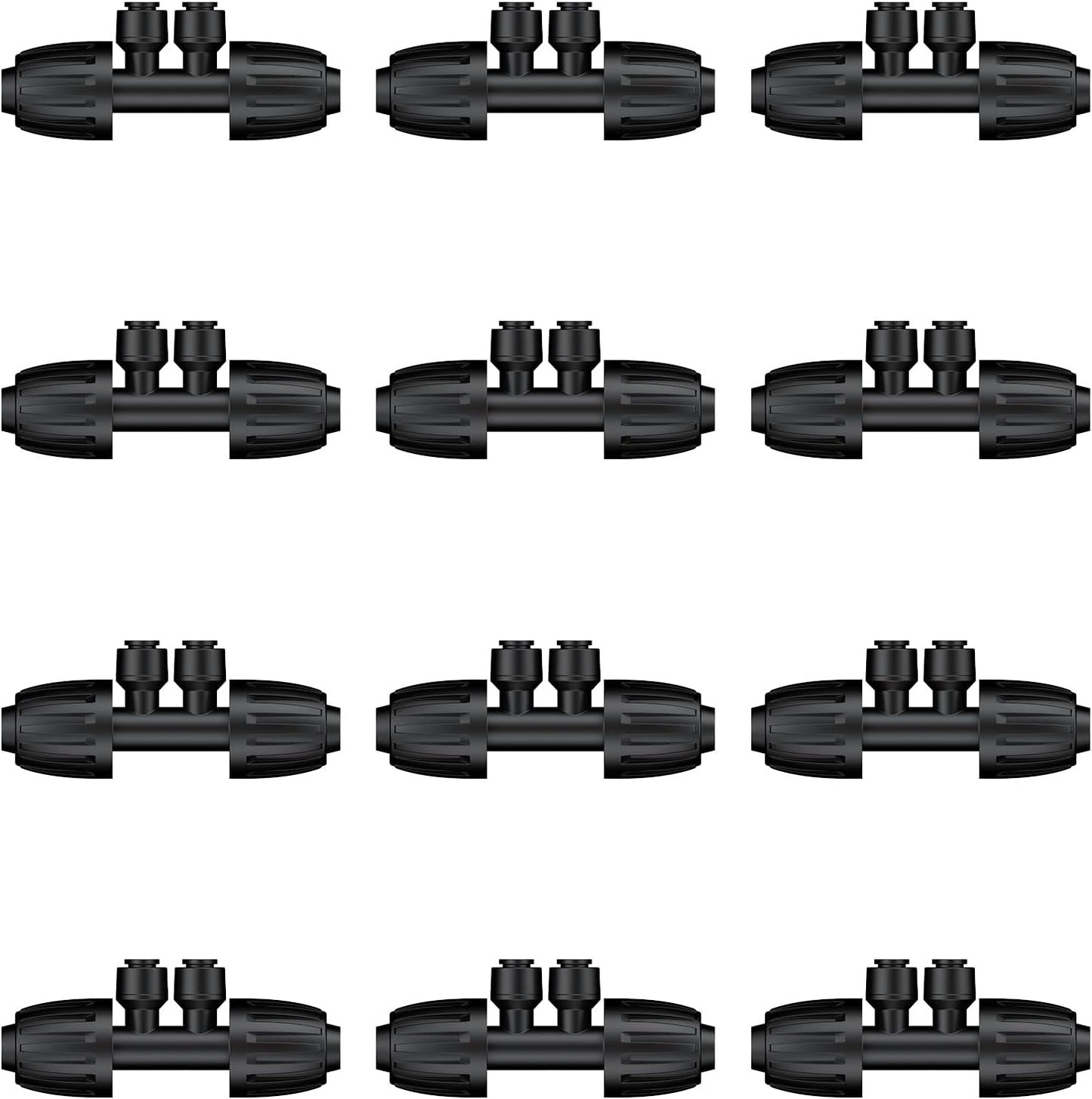 Pawfly 12 Pcs 1/2'' to 1/4'' Drip Irrigation Fittings, 4-Way Barbed Tee Quick Connectors with Anti-Drop Locked Nuts, Push-to-Fit Drip Irrigation Parts for Garden Lawn, Anti-Leak Reducing Tees