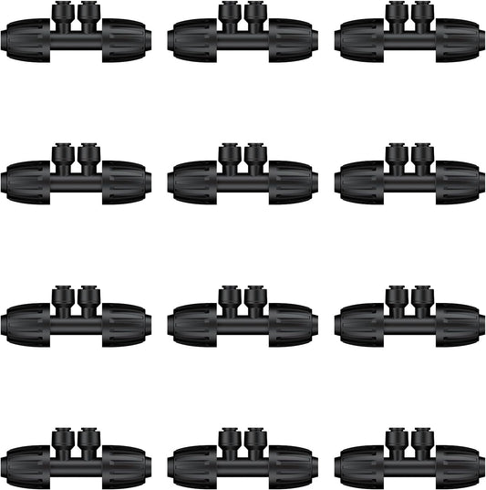 Pawfly 12 Pcs 1/2'' to 1/4'' Drip Irrigation Fittings, 4-Way Barbed Tee Quick Connectors with Anti-Drop Locked Nuts, Push-to-Fit Drip Irrigation Parts for Garden Lawn, Anti-Leak Reducing Tees