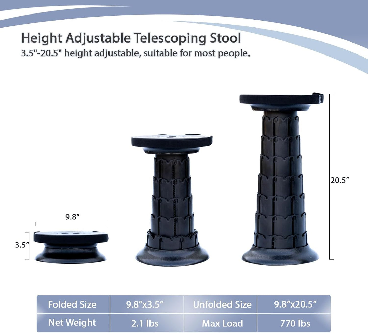 Telescopic Stool,20.4" Portable Seat, Collapsible Chair with Carabiner for Camping/Fishing/Hiking/BBQ/Music Festival - Max Capacity 770lbs