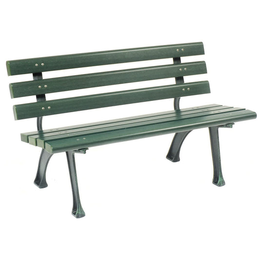 Global Industrial 4'L Outdoor Park Bench with Backrest, Recylced Plastic Slats, Wrought Iron Frame, 1100 lbs Capacity, Green, Surface Mount, Easy Assembly