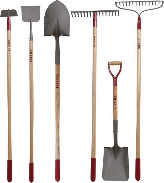 KYLIN 6-Piece Pro Long Ash Handle Garden Tools Set for Landscaping Agricture or Backyard,14-Gauge Shovels,Forged Rakes,Forged Weeding Hoe Sidewalk Scraper,