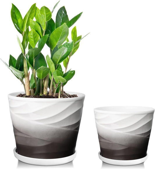 Ceramic Plant Pots,6.7 + 5.5 Inch,Set of 2,Planters with Drainage Hole and Saucer,Flower pots for Indoor Plants,Modern Design(Dark Gray+White)