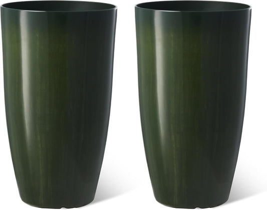 Glitzhome 23.5" H Large Tall Planter for Outdoor Plants,Set of 2 Plastic Tall Planters with Drainage Holes,Round Tapered Faux Ceramic Gradient Green Flower Tree Pots for Porch Patio Indoor Outdoor