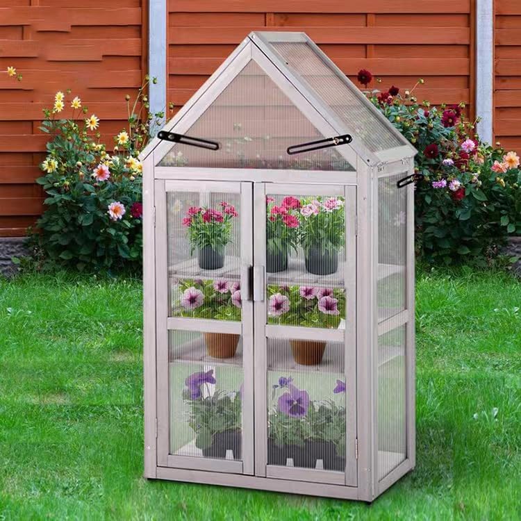 Cold Frame Greenhouse, Small Wood Greenhouses, Mini Polycarbonate Green House with Adjustable Roof, 2 Adjustable and Removable Shelves for Outdoors, Indoors Plant, Flower, Vegetable
