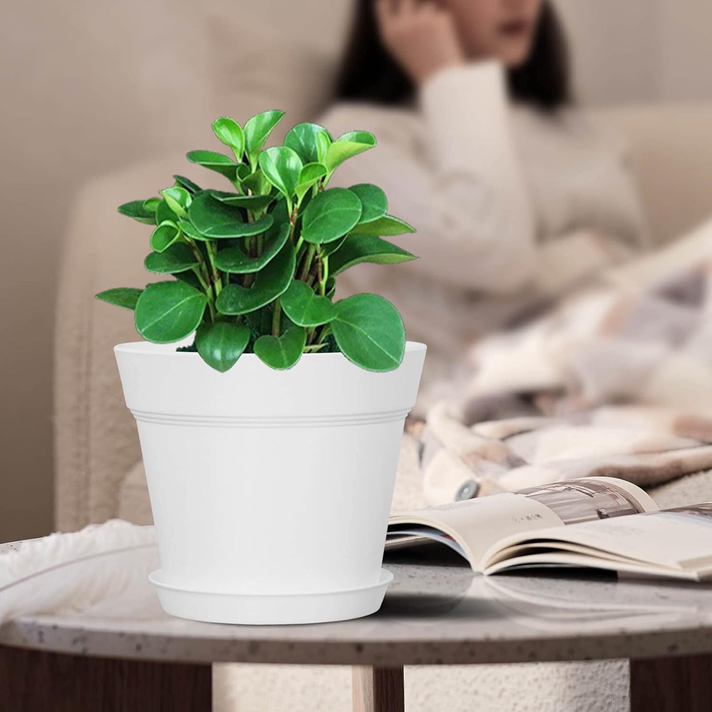 WOUSIWER 16 Pack 6 inch Plastic Planters for Indoor Flower Pots, Heavy Duty and Stylish 6 Inch Plant Pots for Indoor Plants with Drainage Holes and Tray for Plants, Flowers, White