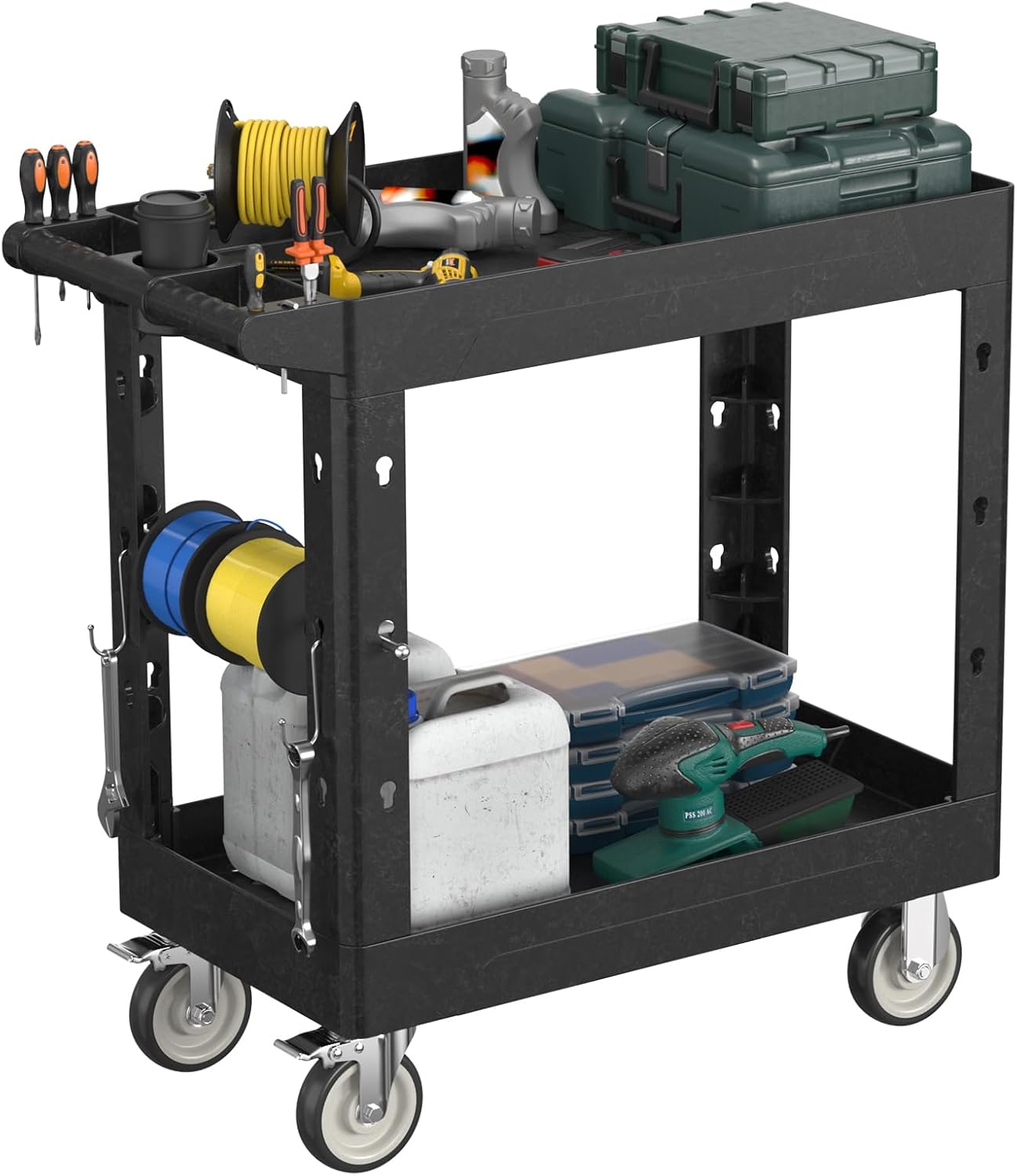 Heavy Duty Rolling Utility Cart with Wheels 2 Tier Utility Plastic Service Work Cart for Shop, Garage, Warehouse, Maintenance 550 lbs