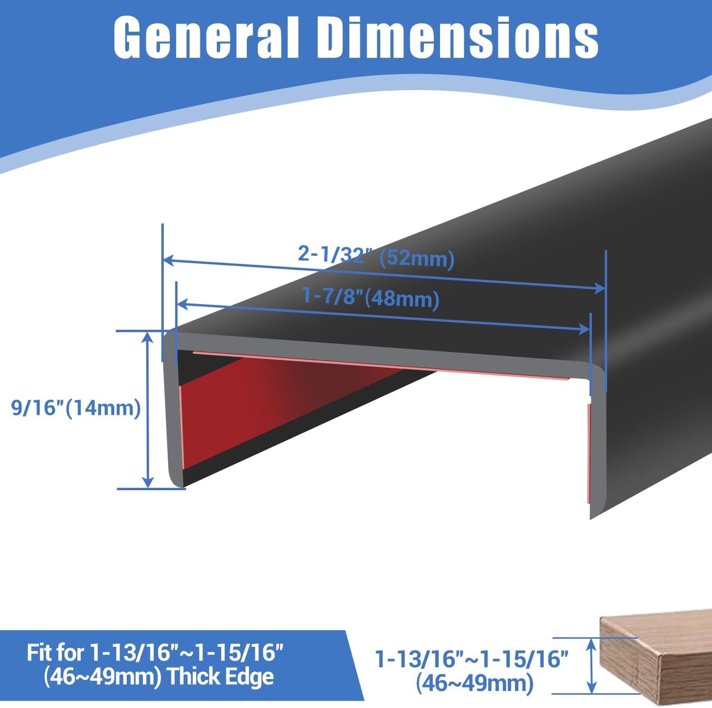 Rubber Edge Trim, Self-Adhesive U Shaped Edge Protector for Plywood, Cabinet, 1-7/8" Wood Edge Banding, Flexible Furniture Repair, EPDM Material, Fit 1-7/8"(48mm), Length 20Ft, Black