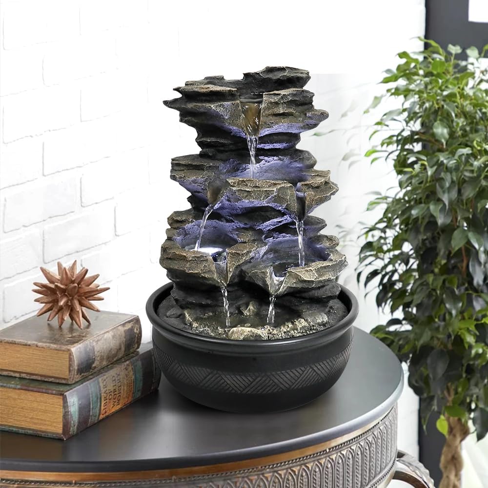 15.7" High Rock Cascading Tabletop Fountain, Zen Meditation Indoor Waterfall Feature with LED Light for Home Office Bedroom Relaxation