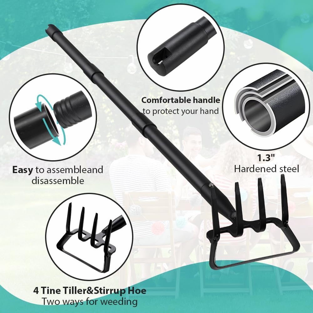 Upgraded Hula Hoe and Garden Hoe, Stirrup Hoe with Adjustable Handle for Weeding Digger loosening Soil Metal Garden Cultivator Hula Hoe with Rake Tiller Cultivator (30-73 Inch)