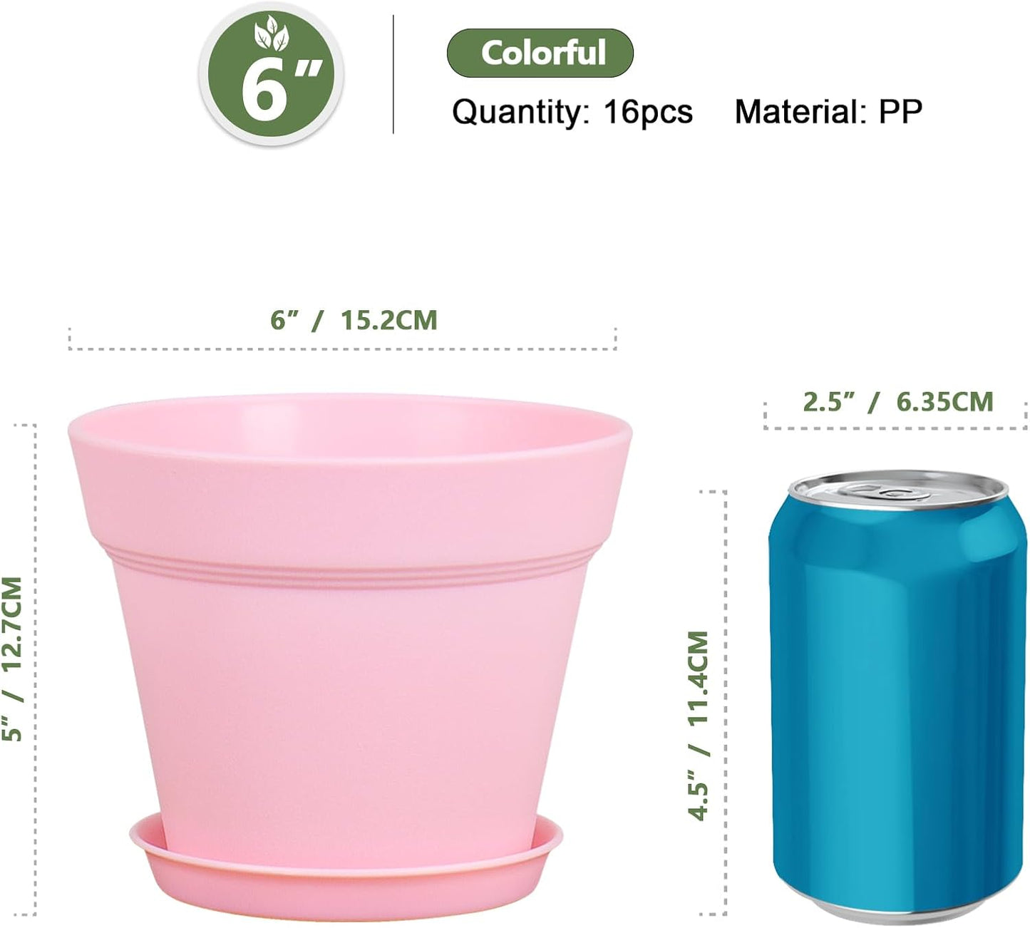 6 inch Plastic Nursery Pots, 16 Pack Plant Pots for Indoor Outdoor Plants, Flower Pots with Drainage Holes and Saucers, Decorative Seedling Starter Planters for House Plants, Colorful