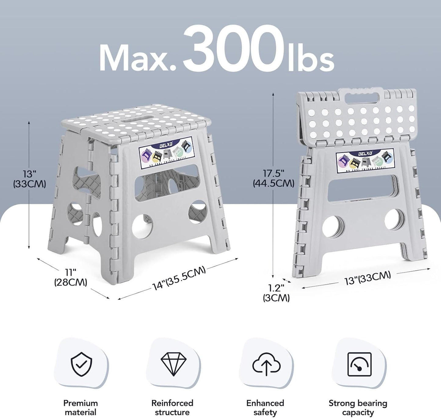 Delxo Folding Step Stool, 13 inch Non-Slip Foldable Stools for Kids & Adults Up to 300 LBS, Step Stool with Handle, Lightweight for Kitchen, Bathroom, Bedroom, Garden, Grey, 1PC