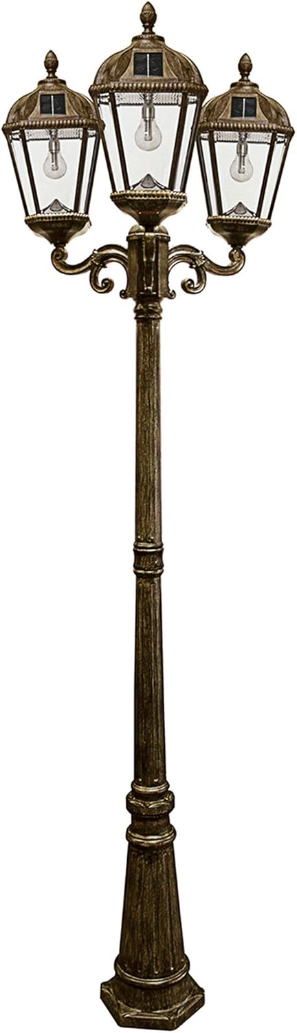 Gama Sonic Royal Bulb Solar Lamp Post Light Kit, 89 inch Tall, Outdoor Triple Head Weathered Bronze Cast Aluminum, Rain Water Glass Light Pole, Warm White 2700K 98B303 (Upgraded Panel)
