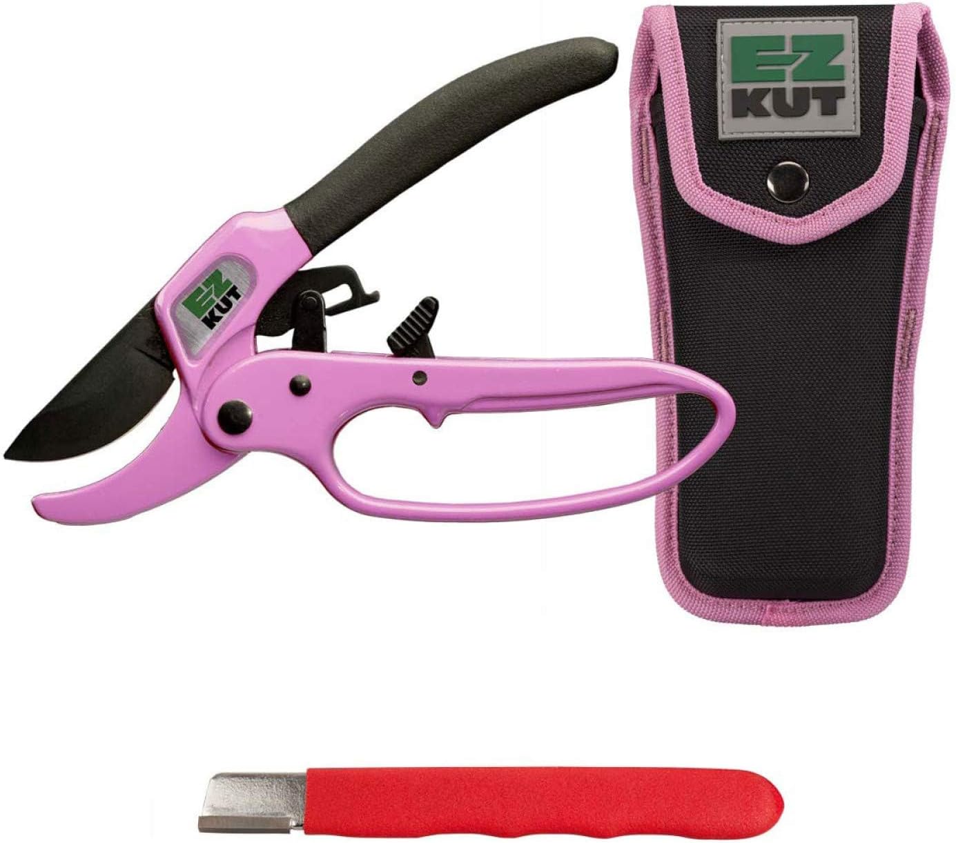 EZ Kut Original Ratcheting Pruner Kit with Molded Ballistic Nylon Sheath and Carbide Blade Tool, Pink and Black