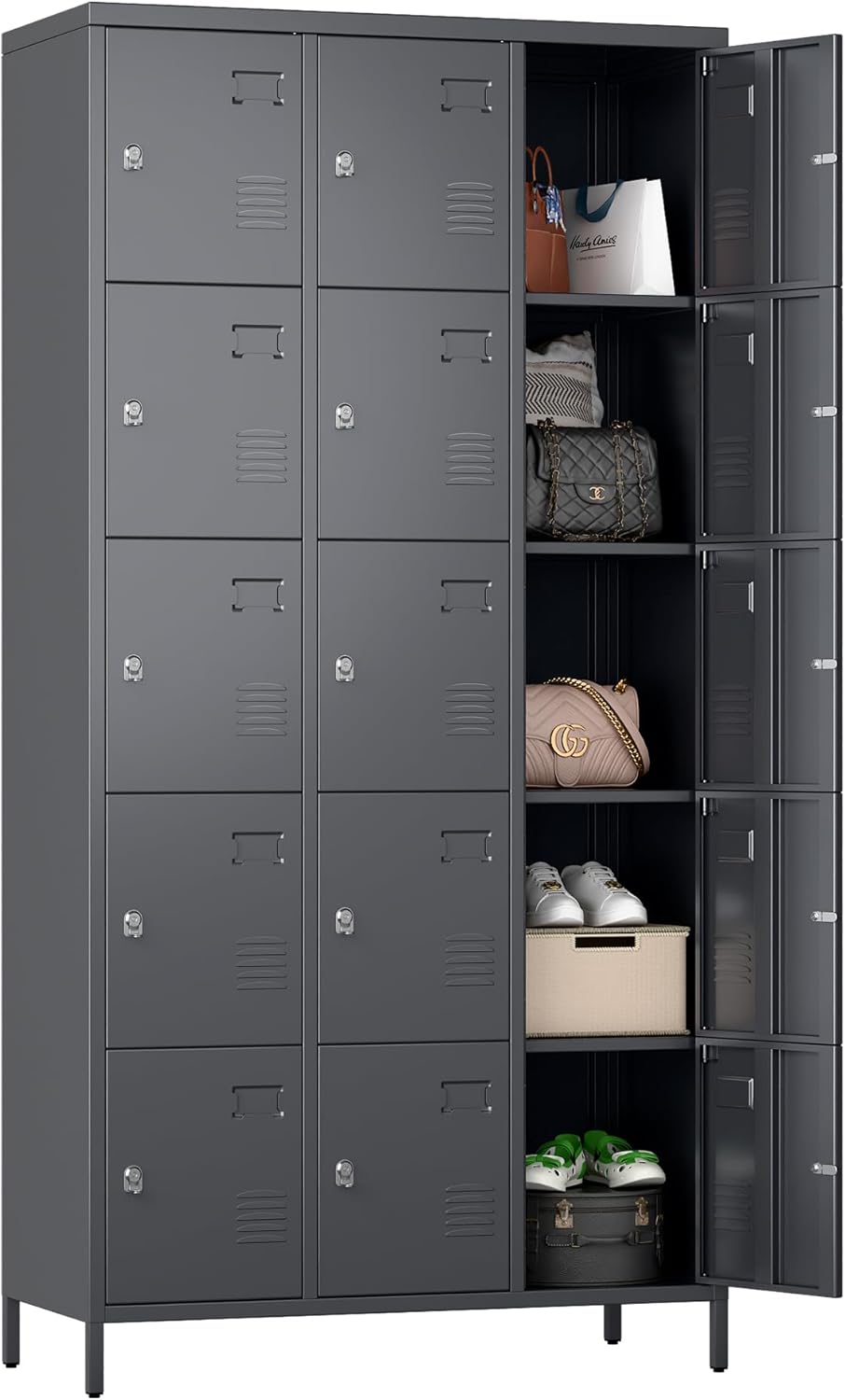 15 Doors Metal Lockers for Employees with Lock,Metal Locker with Card Holder for School Garage Office Gym Bedroom,Assembly Required,15 Door Dark Grey