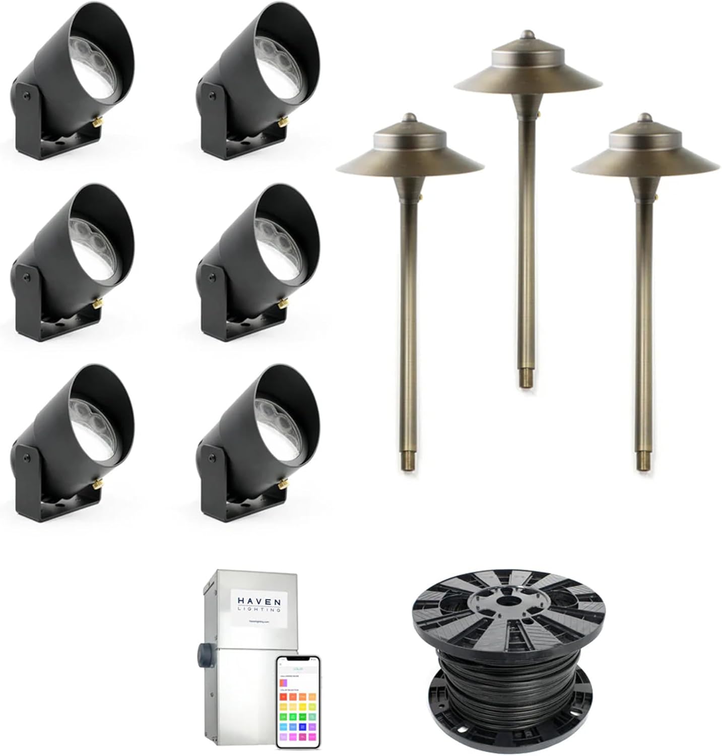 Haven Lighting 9 Series Pro Landscape Lighting Kit - Professional-Grade App Controlled Smart Lights with WiFi - Color Changing Exterior House Lighting, 6-Up/3-Path LED Lighting Kit